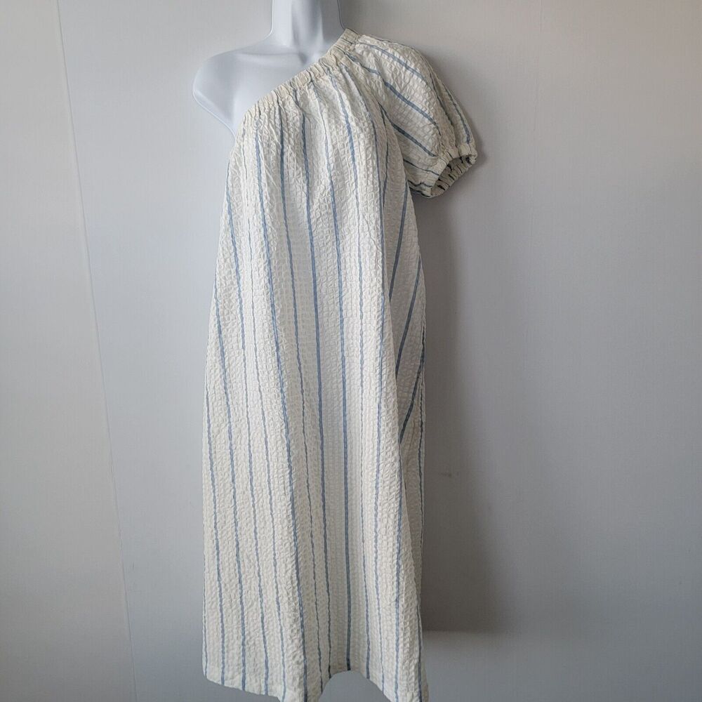 madewell Seersucker One-Shoulder Puff-Sleeve Midi Dress in Stripe size M - Picture 1 of 10